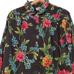 Vintage Maggie Sweet Blouse Plus Size 1X Black Floral Gold Flower Buttons